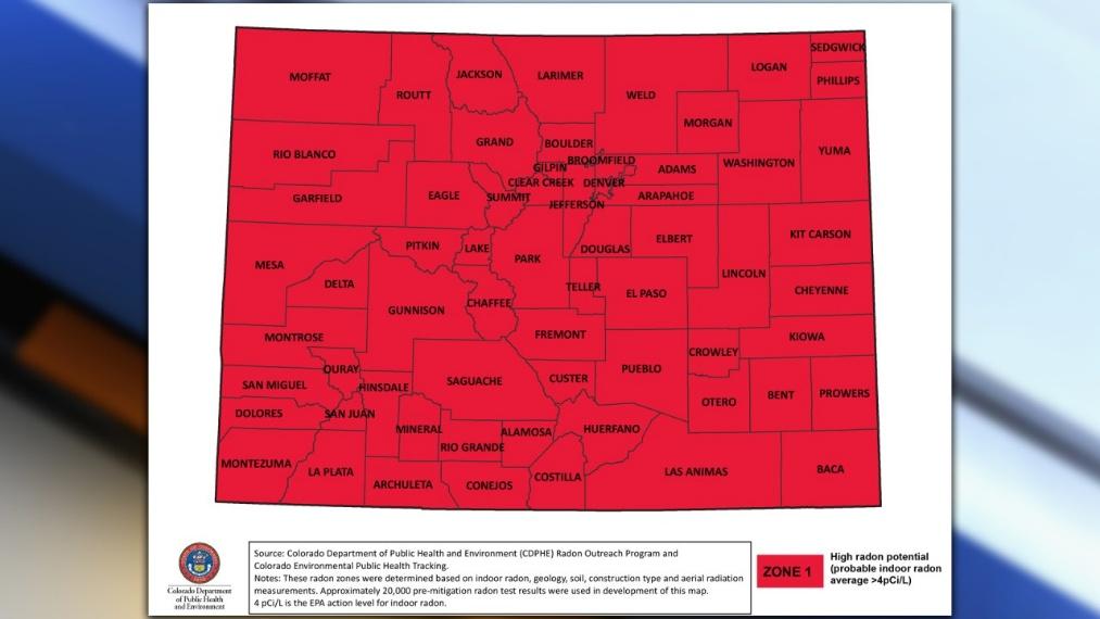 Map showing high radon risk for all counties in Colorado.