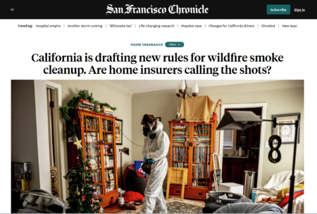 Screenshot of SF Chronicle article titled "California is drafting new rules for wildfire smoke cleanup. Are home insurers calling the shots?" in which M.A.R.S. Environmental is featured.